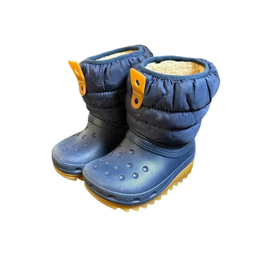 Crocs Kids Neo Puff Boot Navy Blue Sherpa Lined Winter Boots C7 207683 Toddler